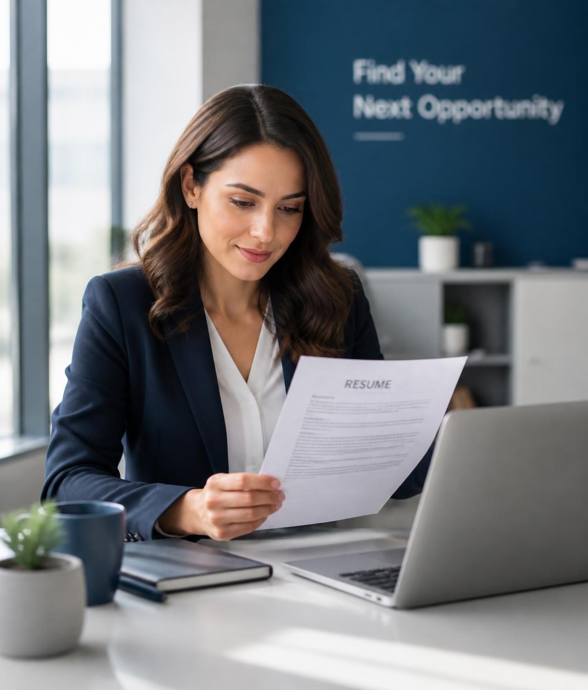 A professional reviewing her CV at a bright modern desk